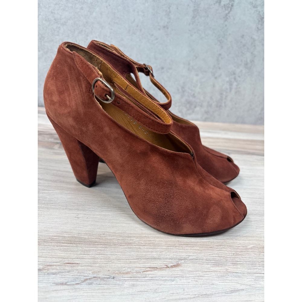 Coclico Brown Suede Peep‎ Toe Ankle Strap Heels Women Size 37 US 6.5-7 Pumps